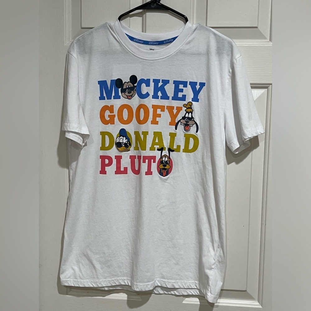 Disney Mickey and Friends White Tee with Black Logo and Blue Neck Trim WOMEN SZM